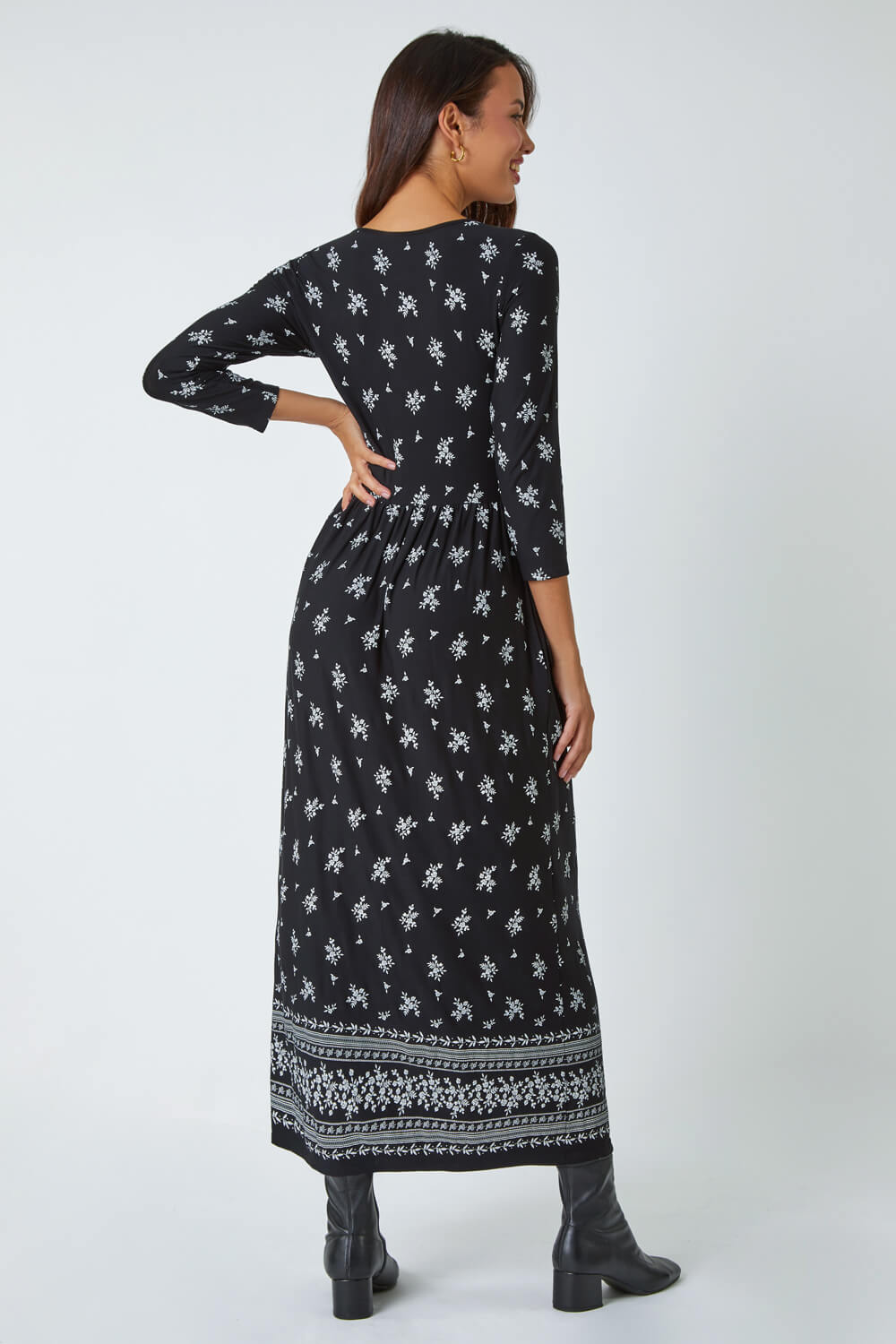 Black Floral Border Print Maxi Stretch Dress, Image 3 of 5