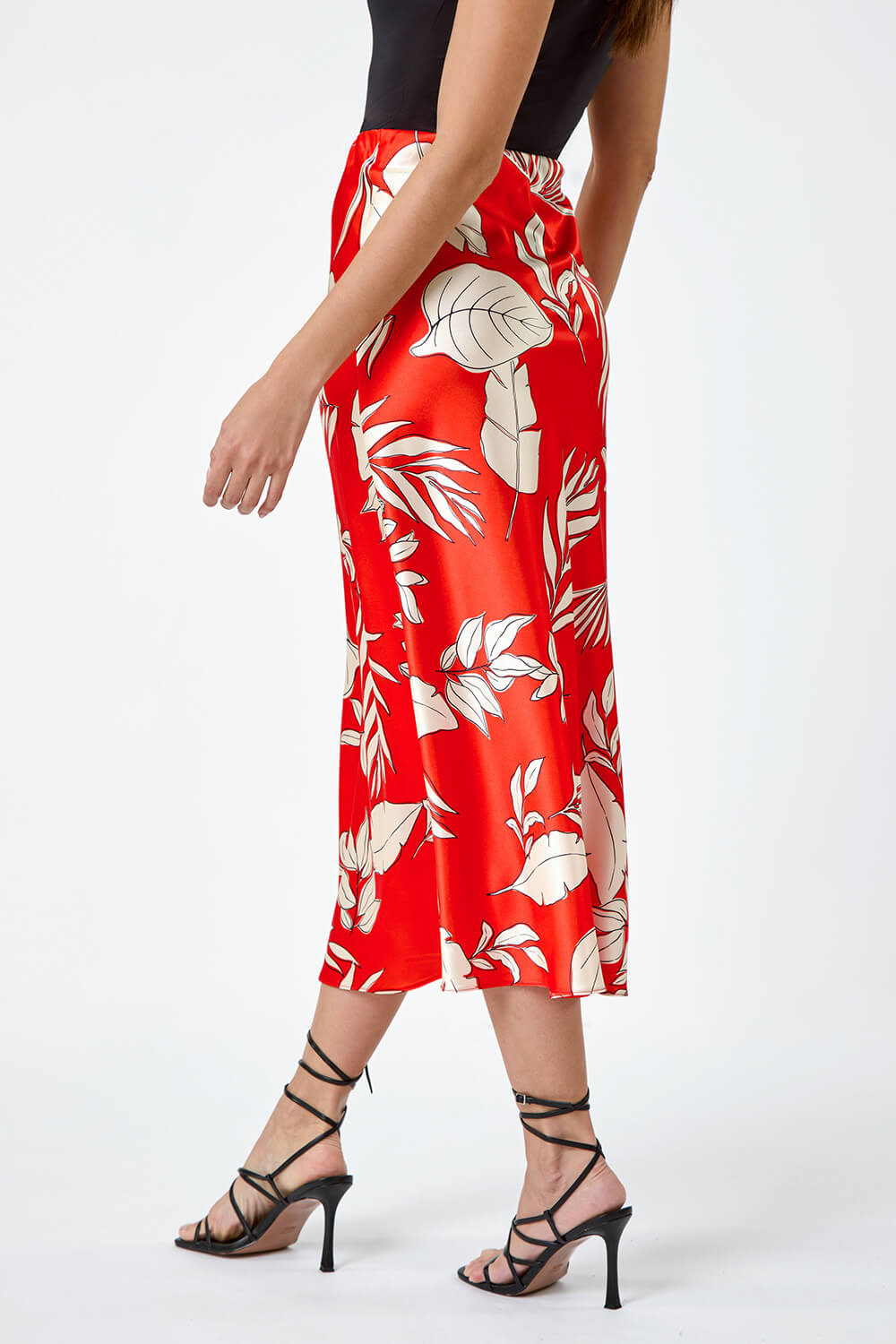 ORANGE Floral Print Satin Midi Skirt, Image 3 of 5