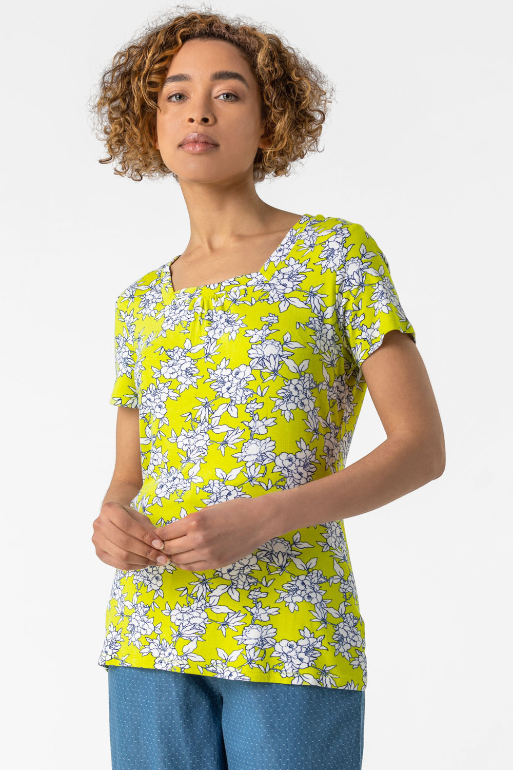 Lime Floral Print Square Neck T-Shirt, Image 2 of 4