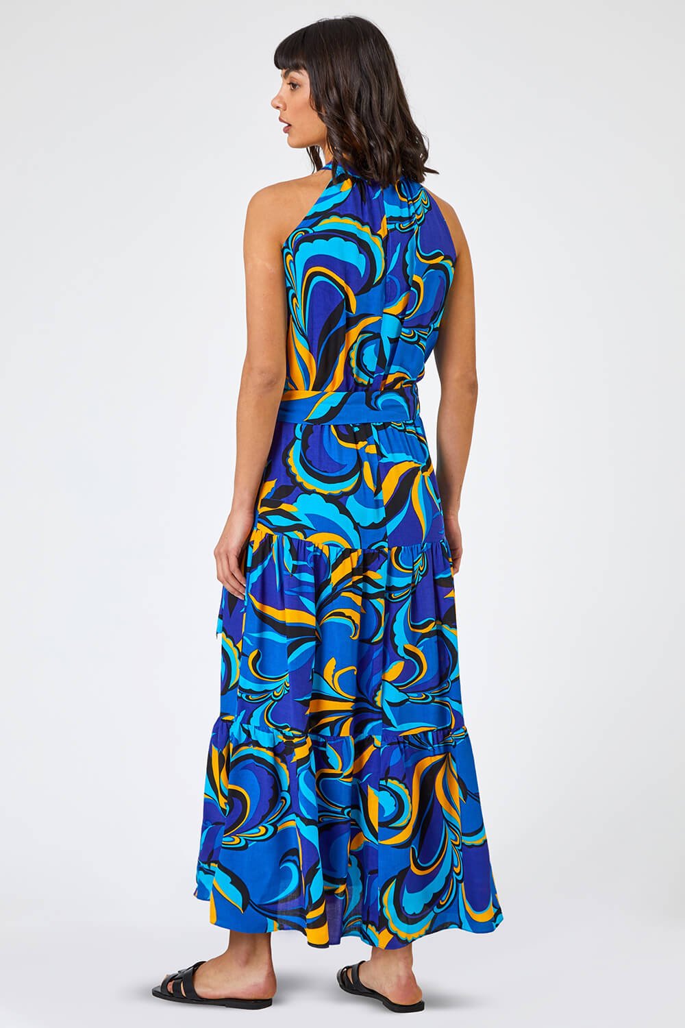 Royal Blue Abstract Halterneck Tiered Maxi Dress, Image 2 of 5