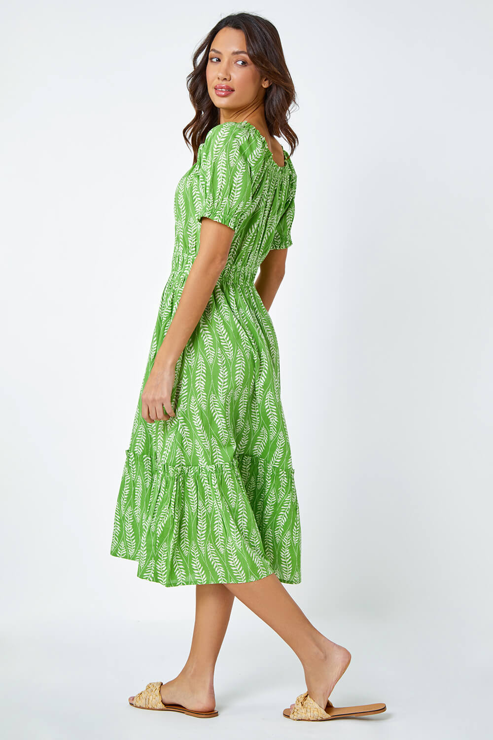 Green Leaf Print Stretch Neck Midi Dress, Image 3 of 5