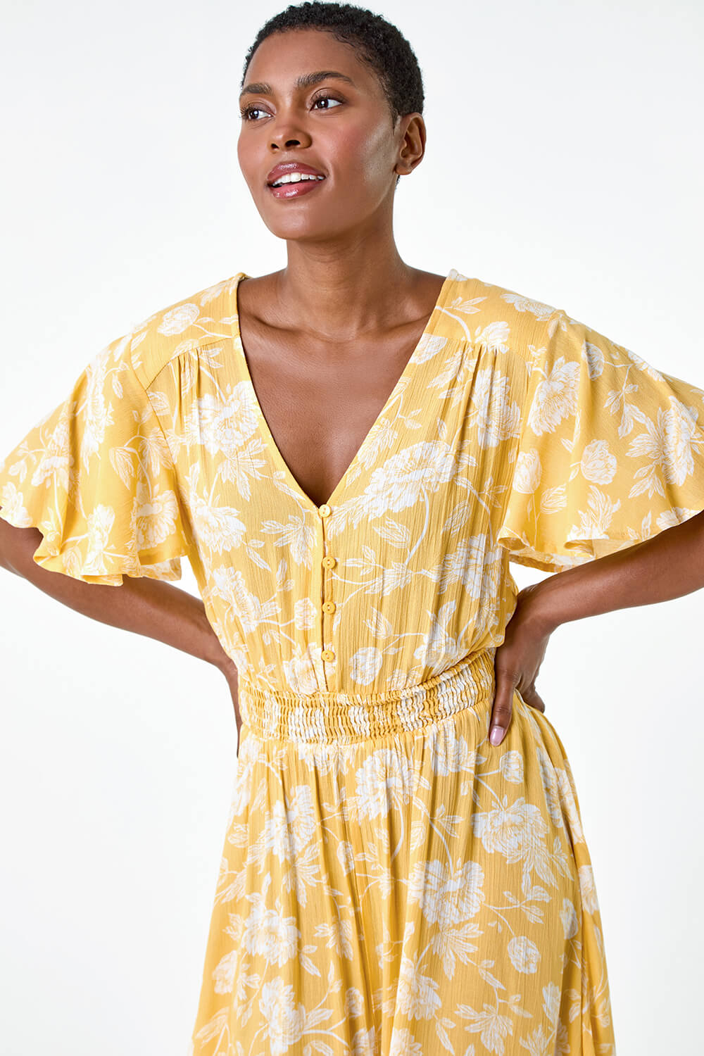 Bright Yellow Floral Print Tiered Midi Dress, Image 4 of 5