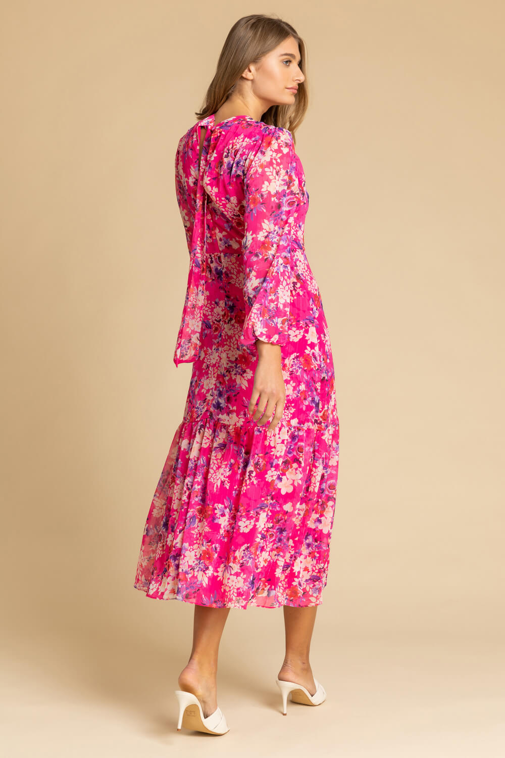 PINK Floral Print Tiered Keyhole Midi Dress, Image 2 of 5