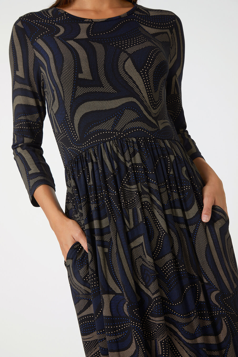 Taupe Abstract Pocket Detail Midi Stretch Dress, Image 5 of 5