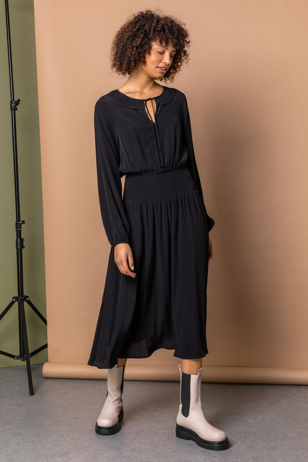 Black Shirred Ruffle Neck Midi Dress, Image 3 of 5