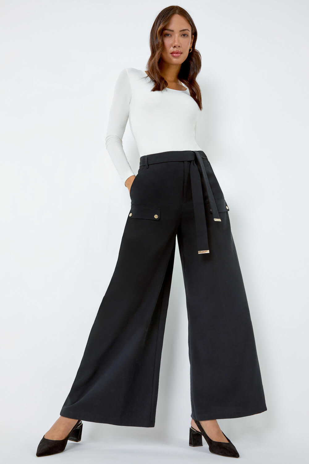 Black Wide Leg Belted Stretch Trousers, Image 4 of 5