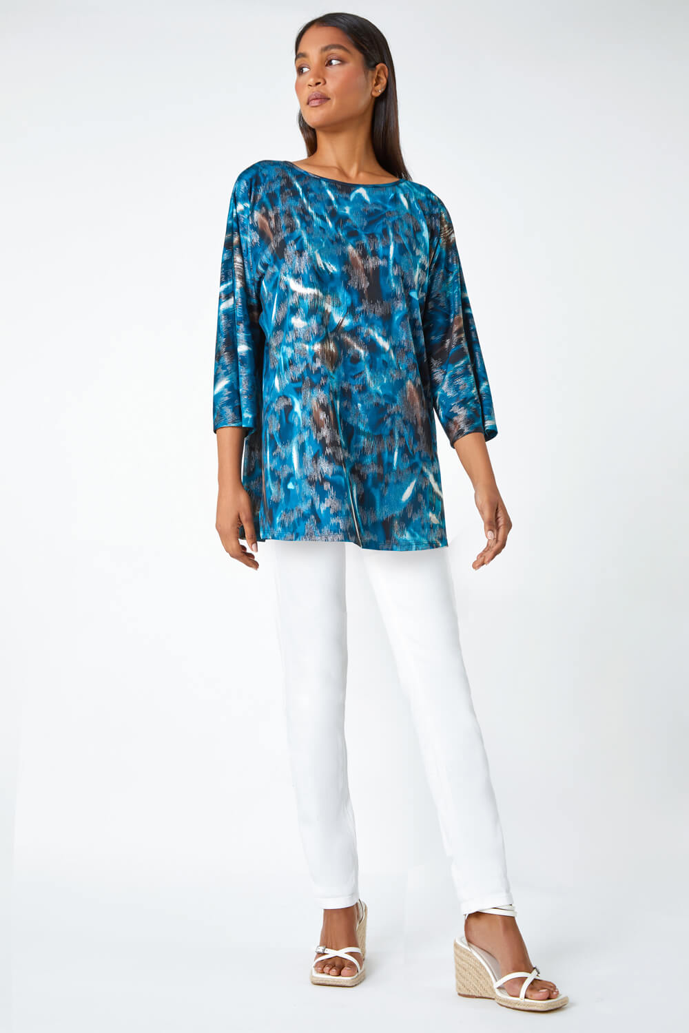 Blue Metallic Abstract Print Oversized T-Shirt, Image 2 of 5
