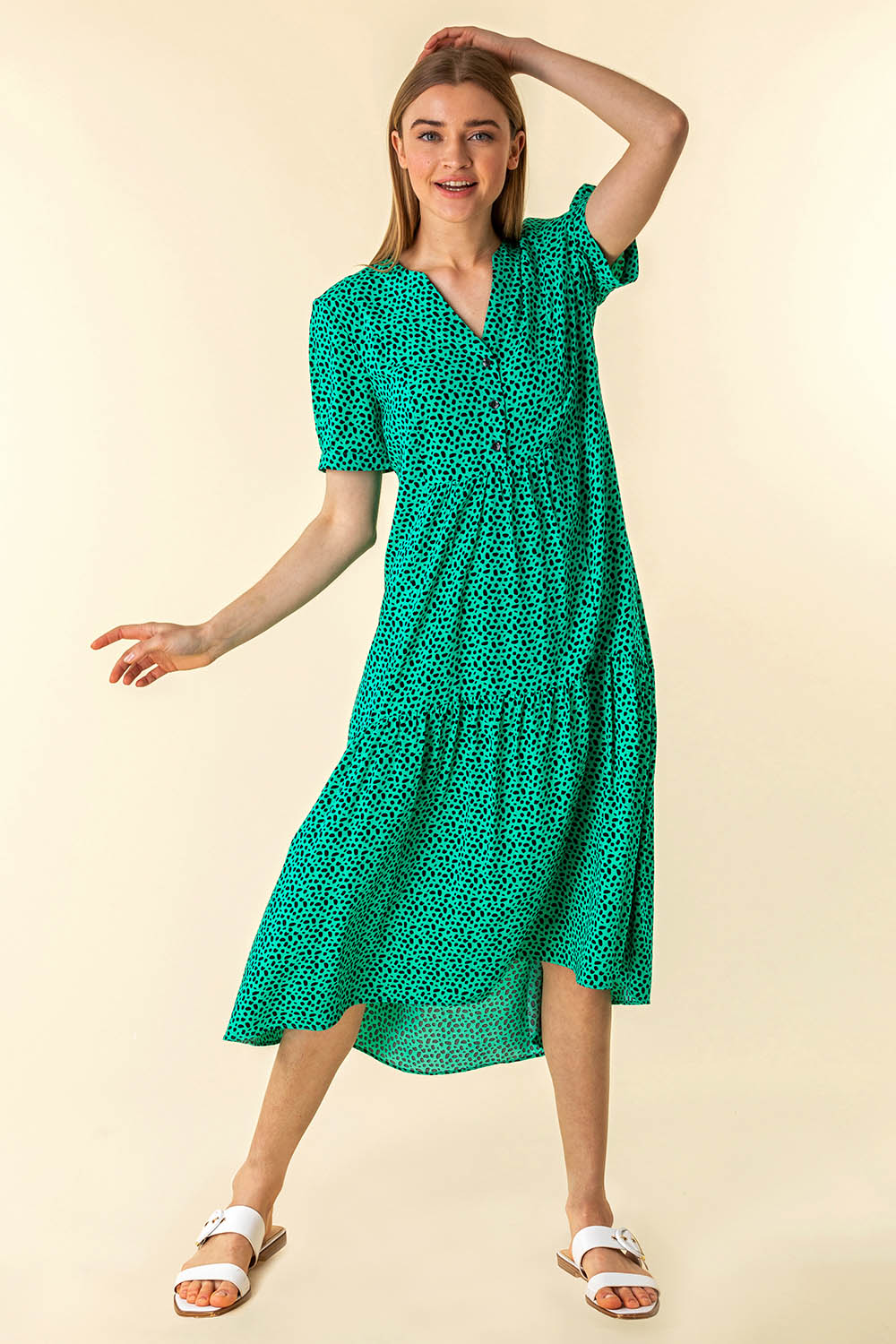 Green Spot Print Tiered Midi Dress, Image 4 of 4