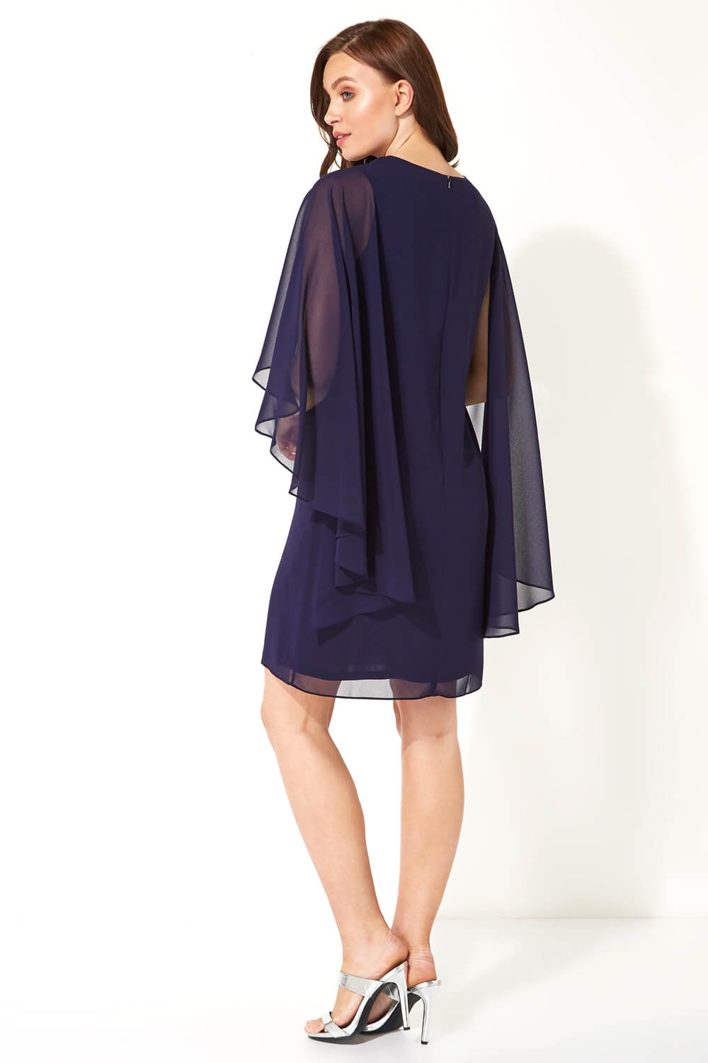Midnight Blue Chiffon Cape Sleeve Dress, Image 3 of 5