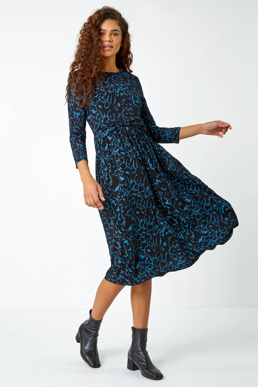 Blue Twist Waist Animal Print Stretch Dress, Image 2 of 5