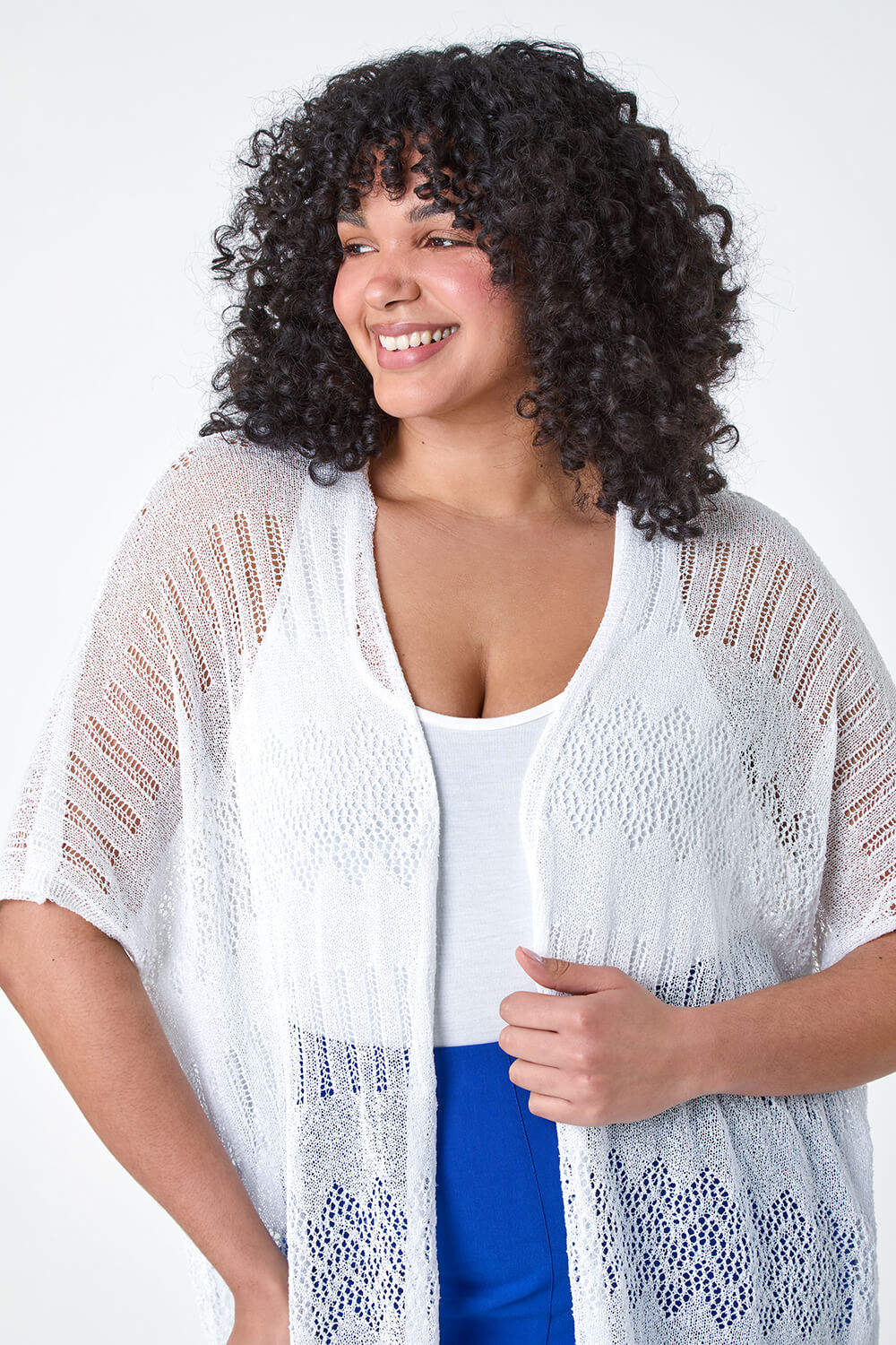 Ivory  Curve Pointelle Knit Stretch Cardigan, Image 4 of 5