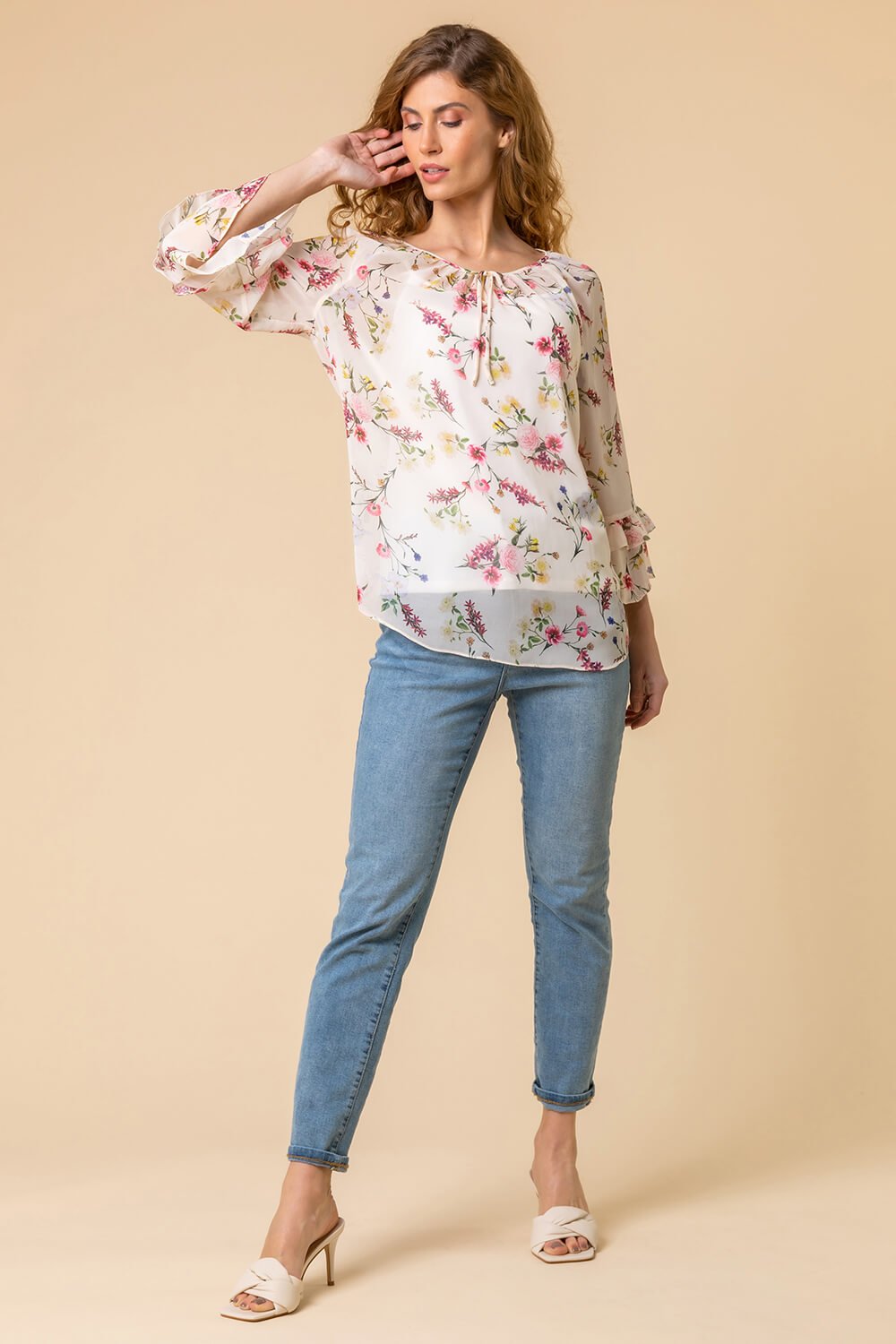 Cream  Floral Frill Sleeve Tie Detail Top, Image 4 of 5