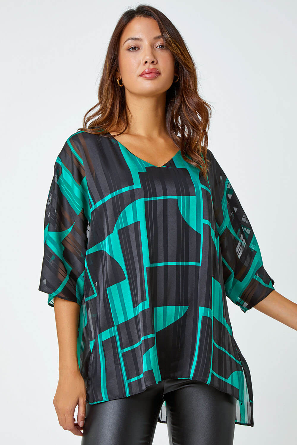 Green Relaxed Graphic Satin Overlay Top , Image 2 of 5