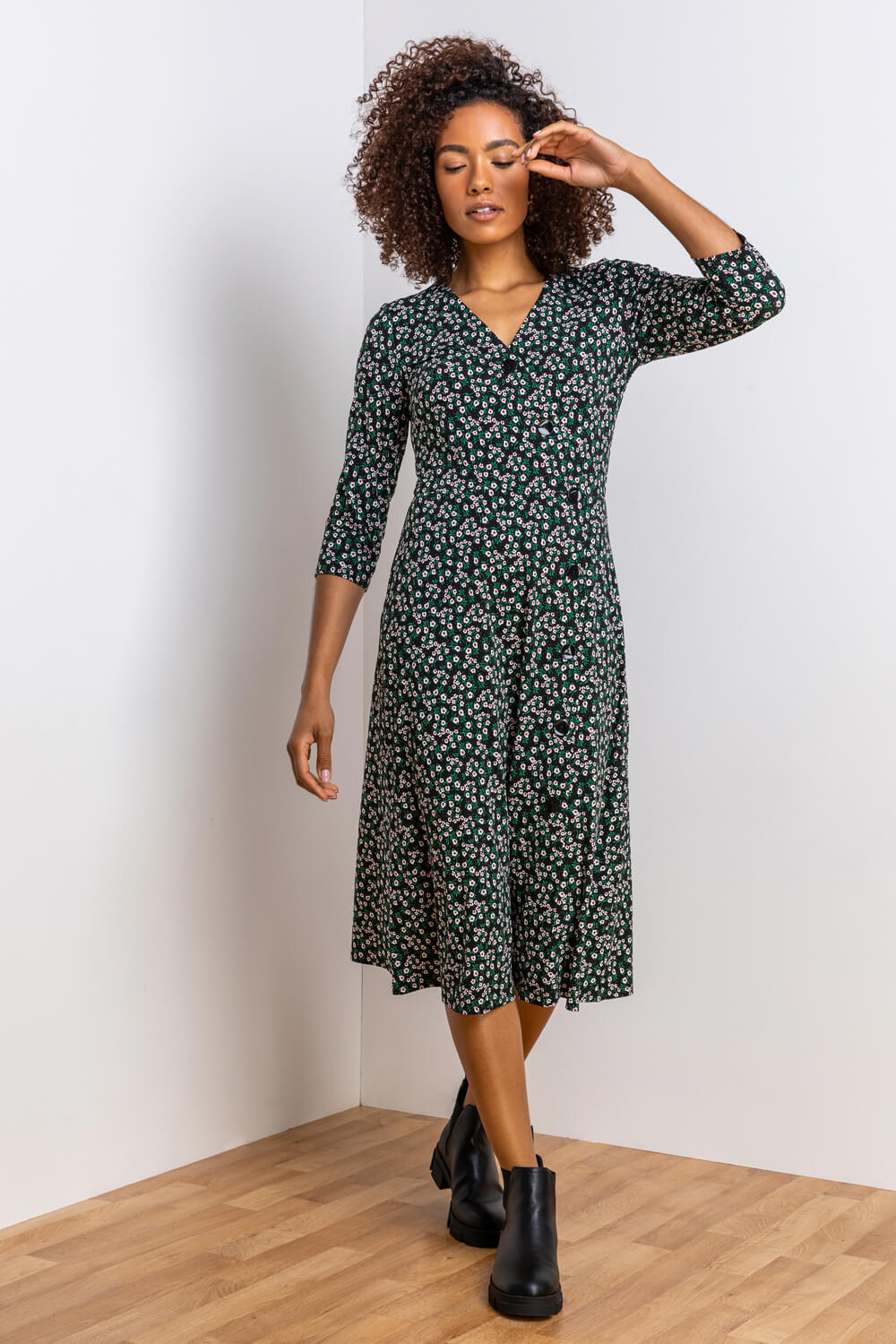 Ditsy Floral Print Wrap Dress in Green ...