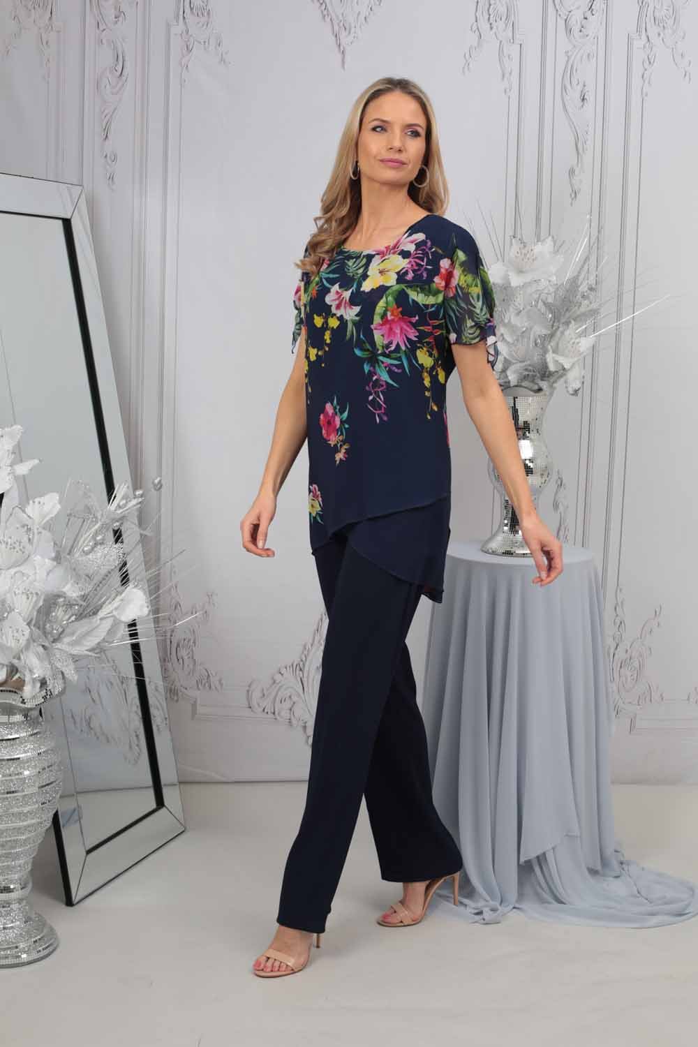 Navy Julianna Floral Print Trouser Suit Set | Roman UK