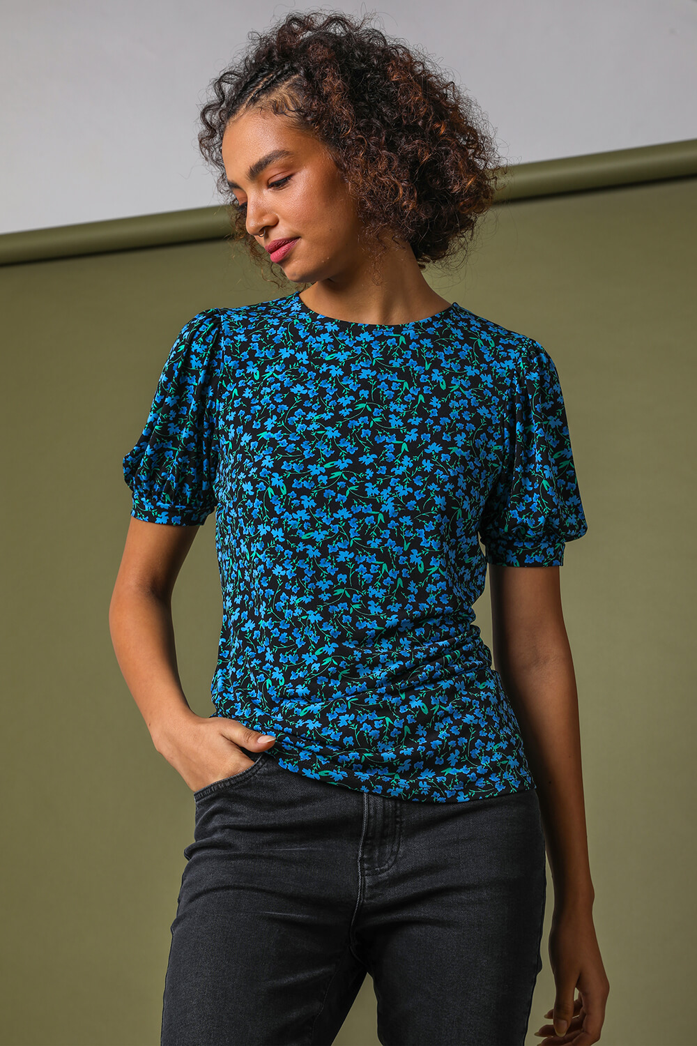 Blue Floral Print Puff Sleeve Jersey Top, Image 3 of 5