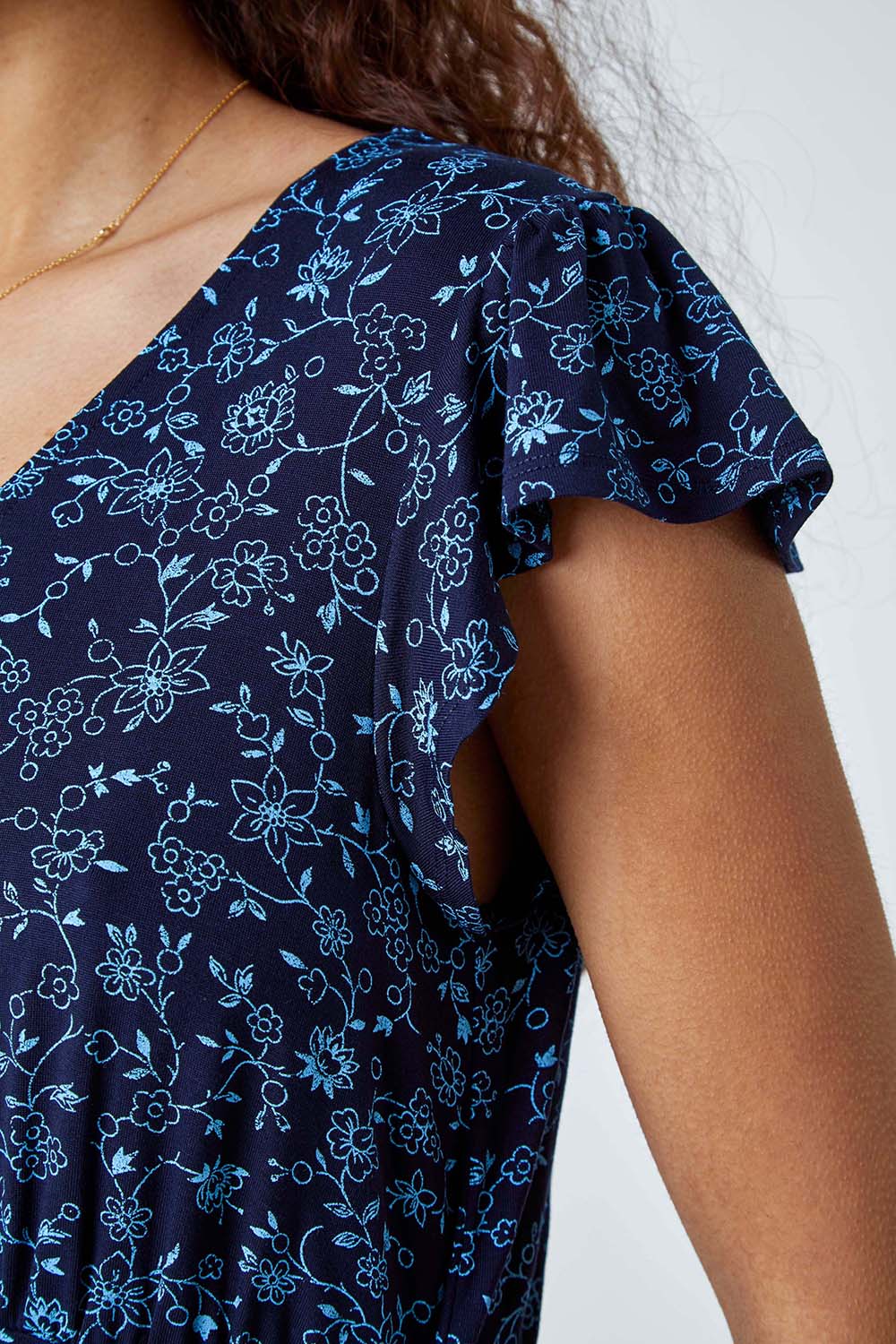 Blue Floral Print Frill Midi Stretch Dress, Image 5 of 5
