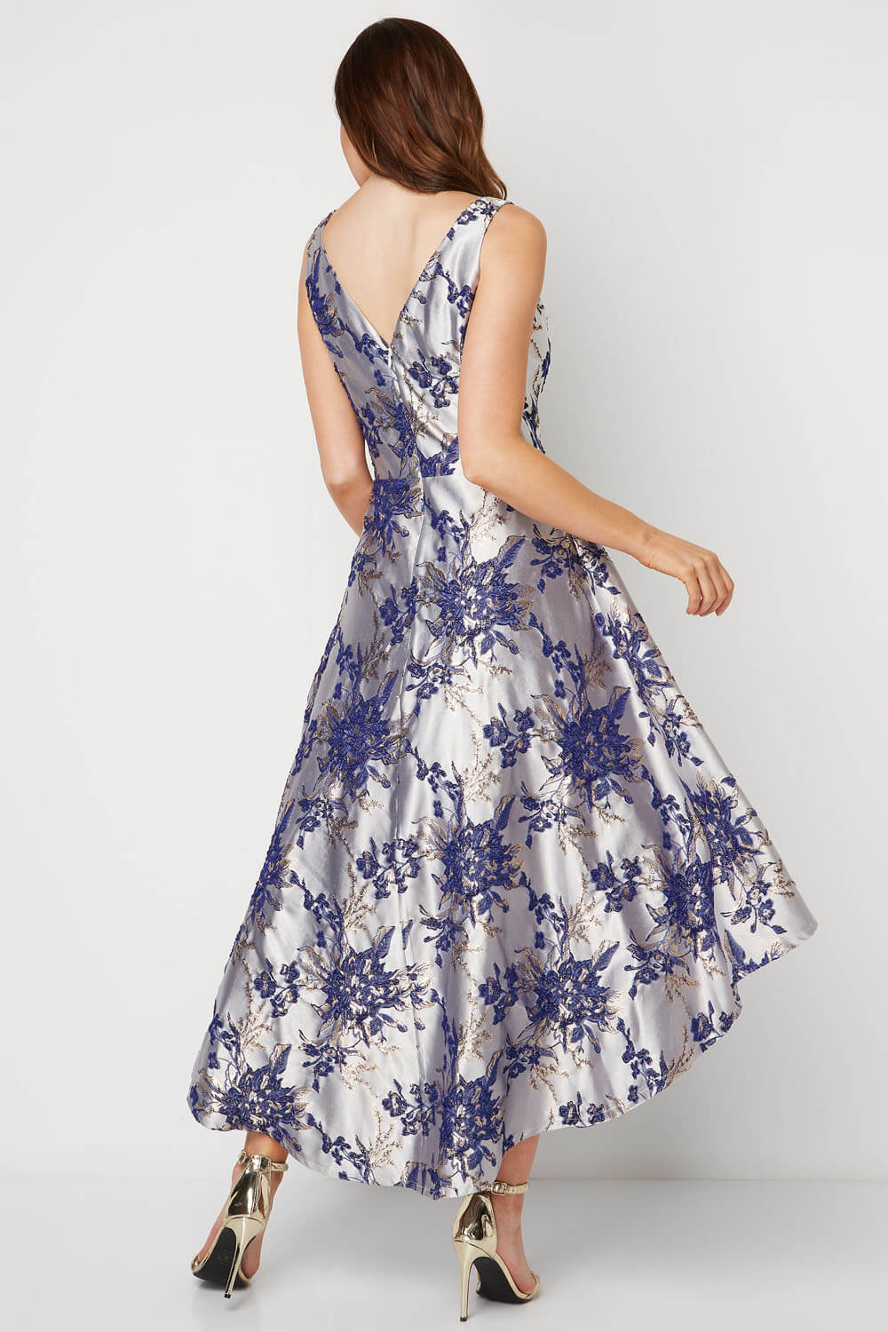 Royal Blue Floral Jacquard Gown Dress, Image 3 of 5