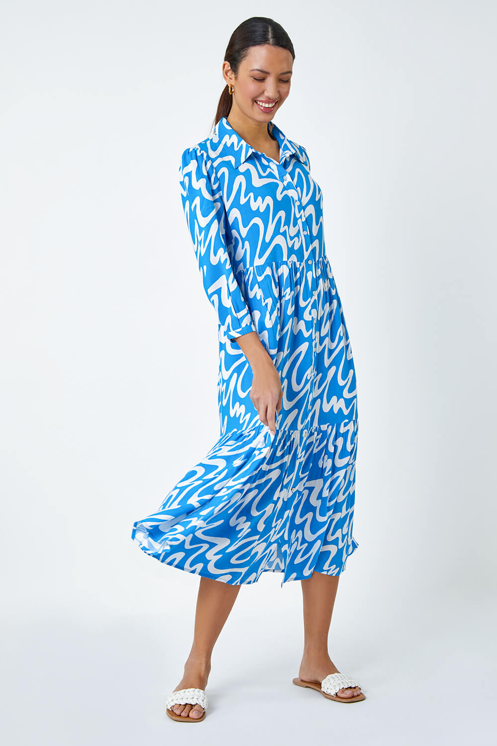 Turquoise Wave Print Tiered Shirt Dress | Roman UK