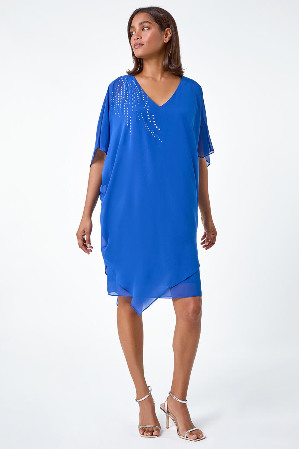 Royal Blue Embellished Cold Shoulder Overlay Dress, Image 2 of 5