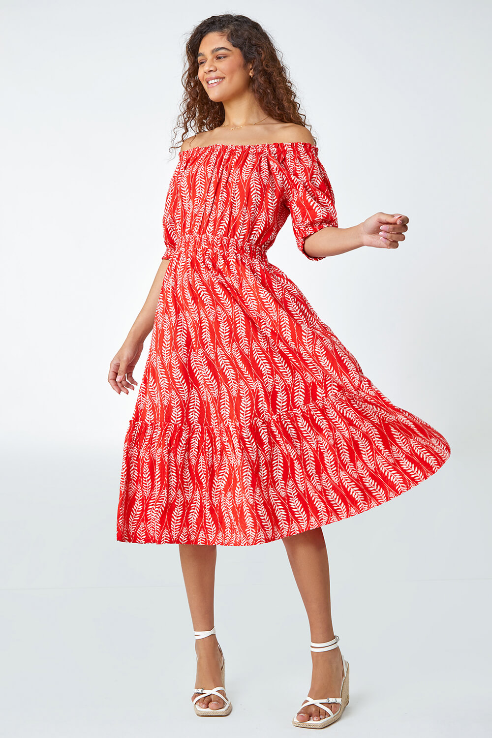 Red Leaf Print Stretch Neck Midi Dress, Image 2 of 5