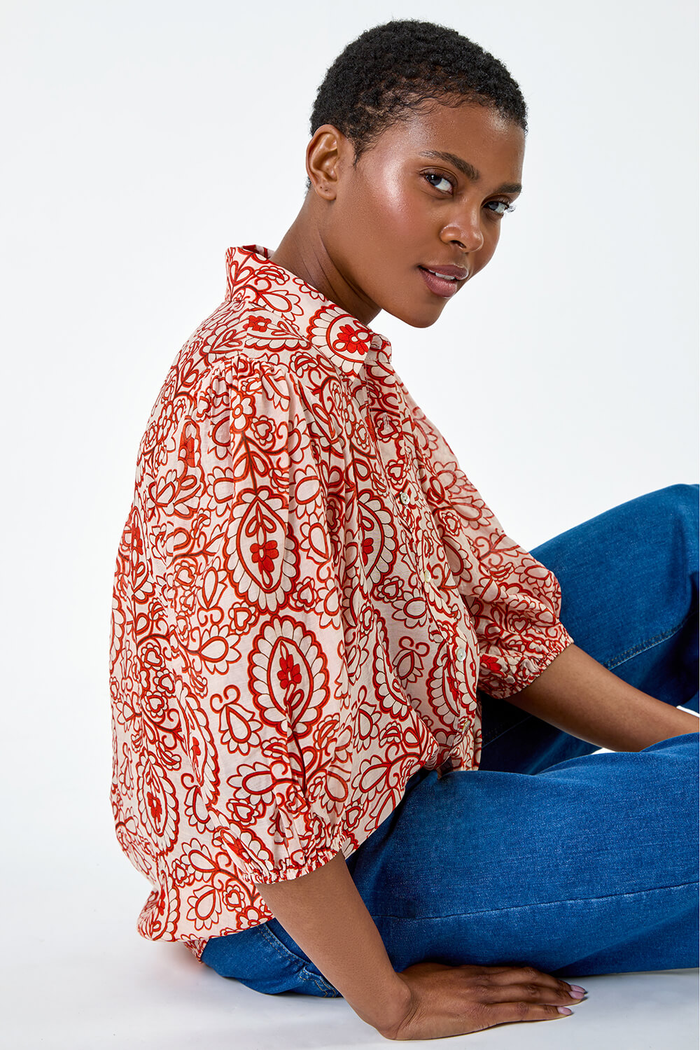 Red Floral Paisley Balloon Sleeve Shirt | Roman UK