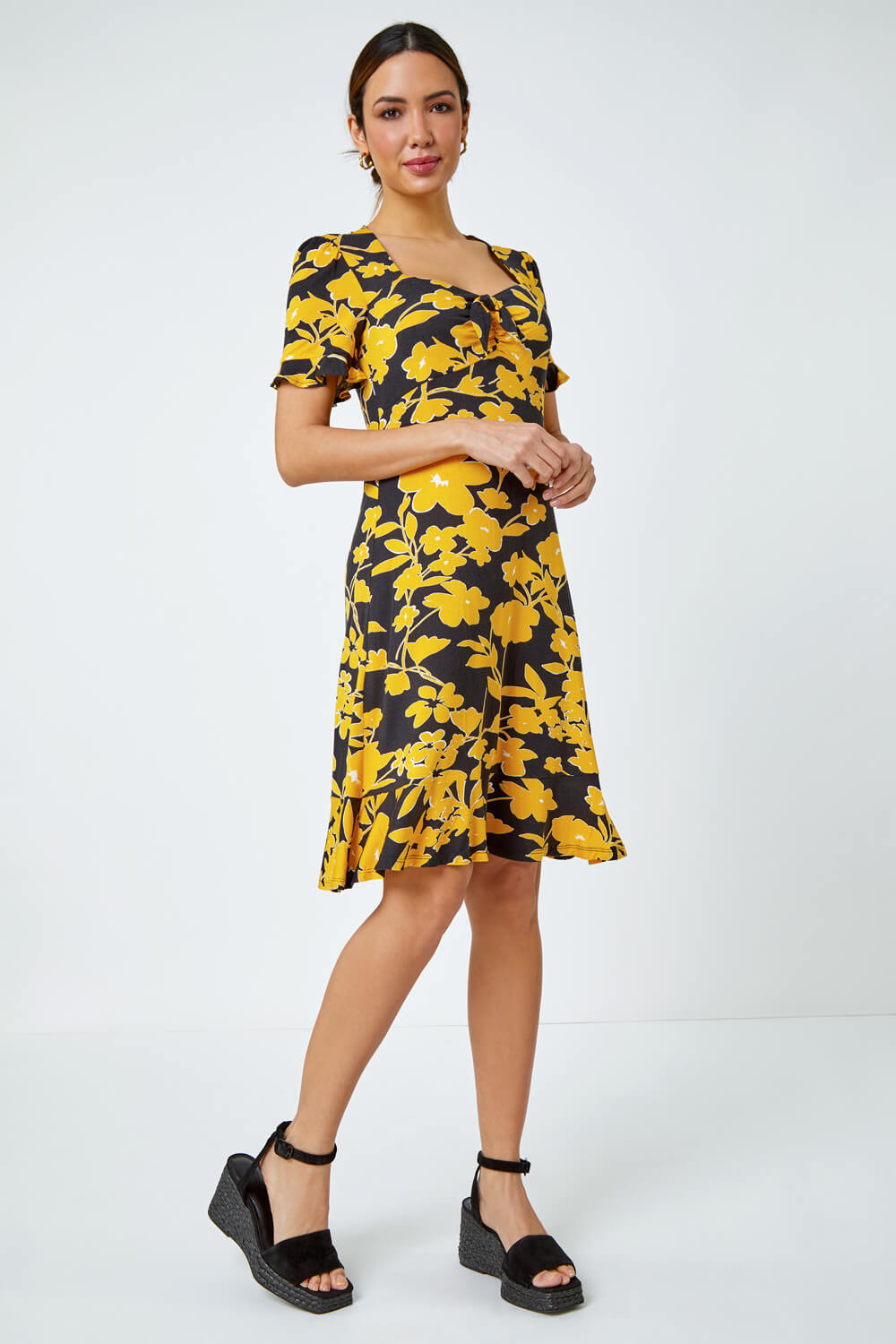 Yellow Floral Frill Hem Stretch Dress, Image 2 of 5