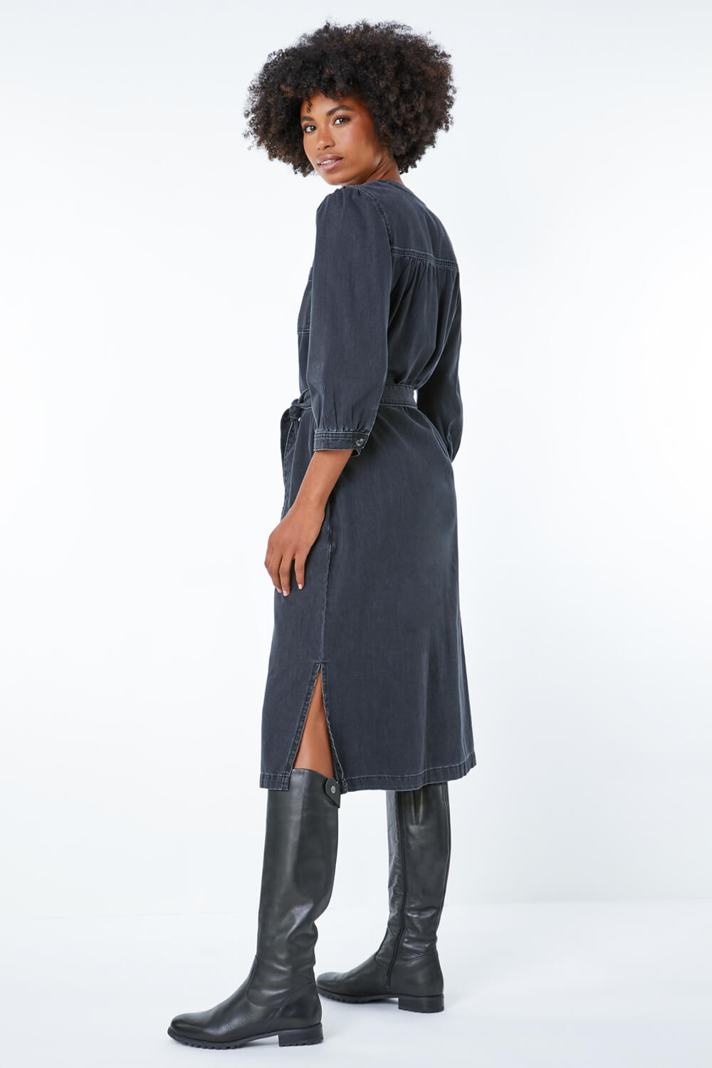 Belted Denim Midi Shirt Dress in Black Roman Originals UK