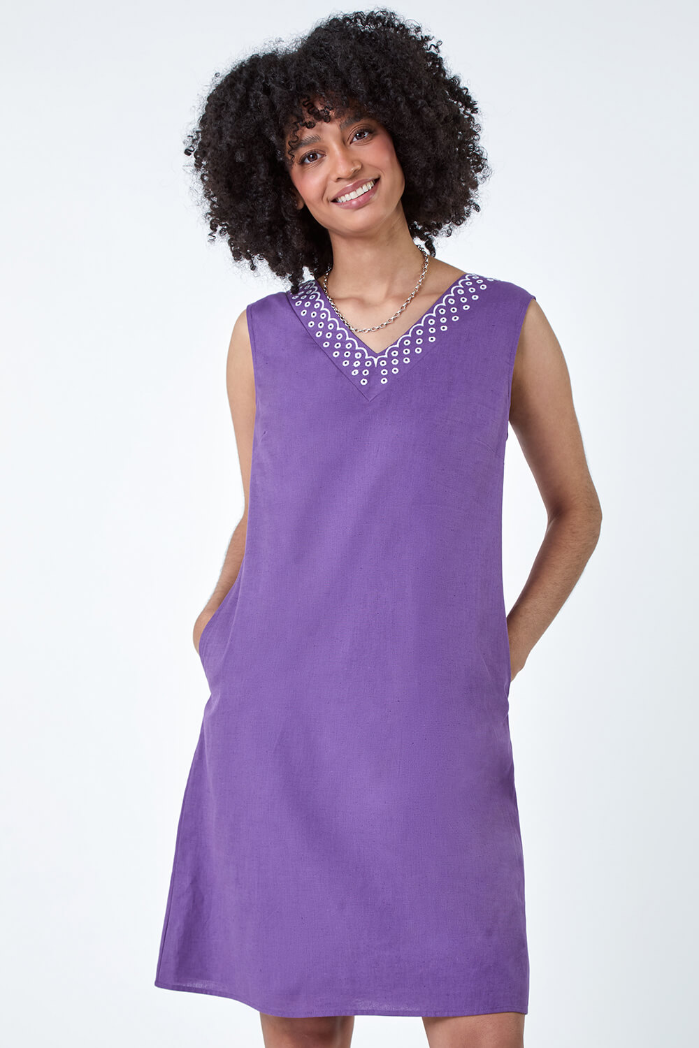 Purple Cotton Blend Embroidered Pocket Shift Dress, Image 4 of 5