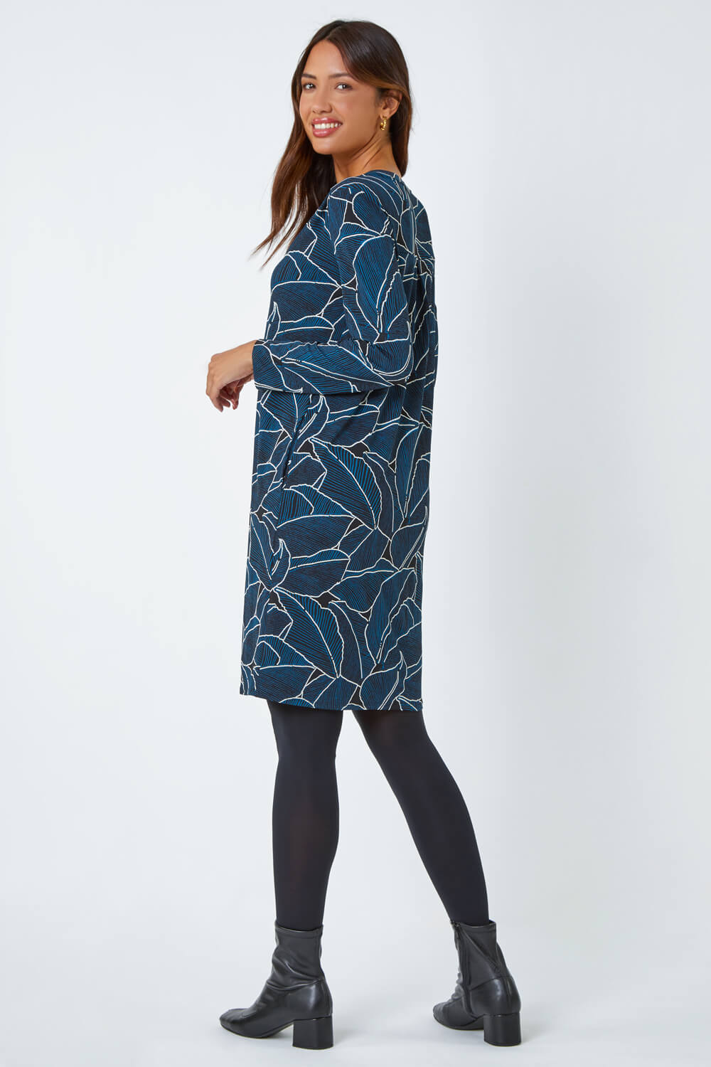 Teal Leaf Print Cocoon Stretch Dress, Image 3 of 5