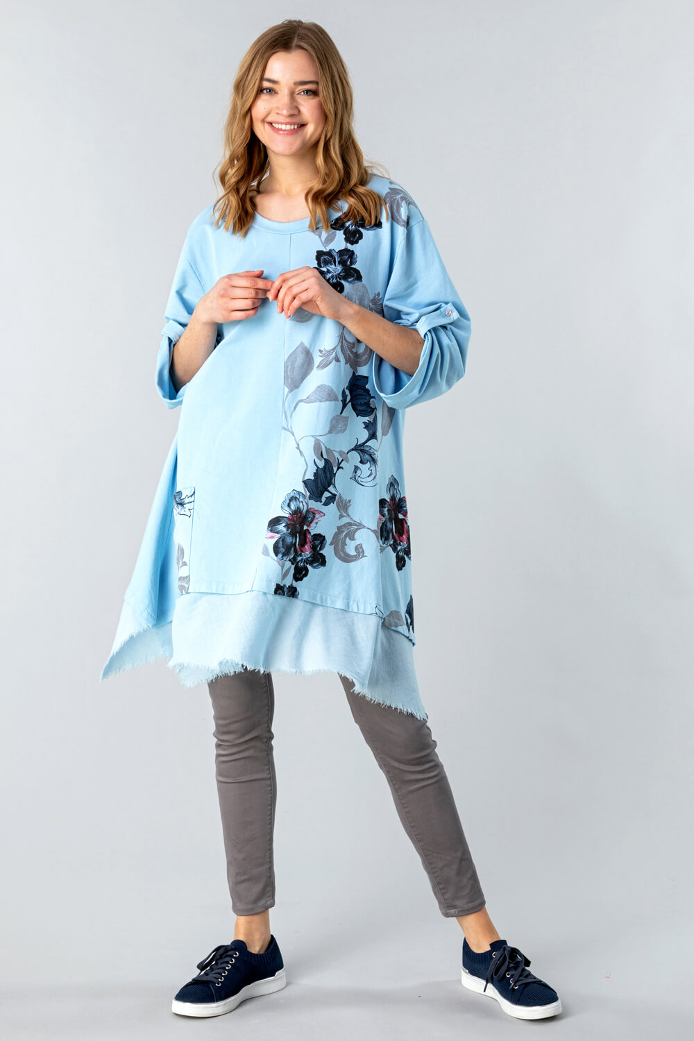 Light Blue  Floral Slouchy Pocket Tunic Top, Image 3 of 4