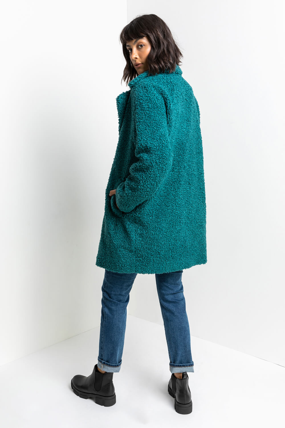 Faux Fur Longline Teddy Coat in Jade - Roman Originals UK