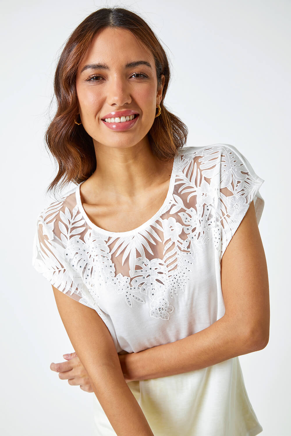 Ivory  Sparkle Palm Print Cut Out T-Shirt, Image 6 of 6