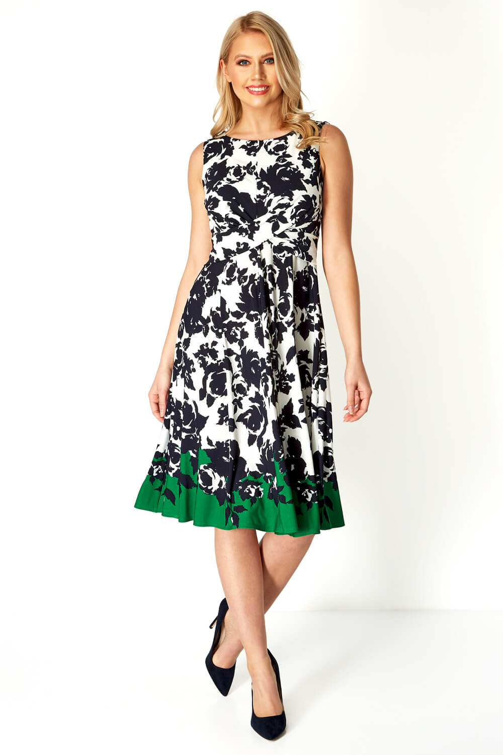 Green Floral Border Print Twist Waist Dress, Image 2 of 4