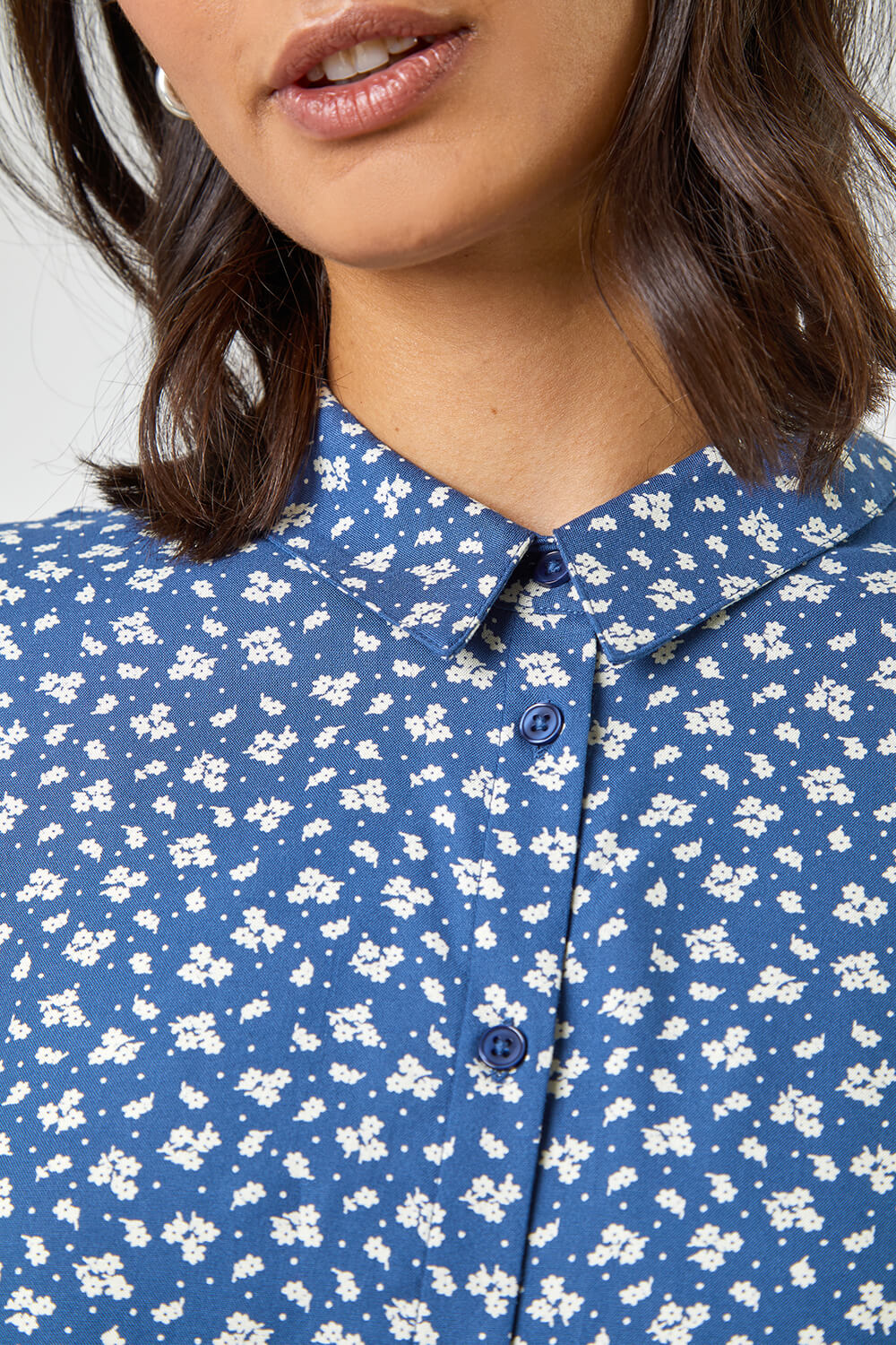 Blue Ditsy Floral Print Belted Blouse, Image 6 of 6