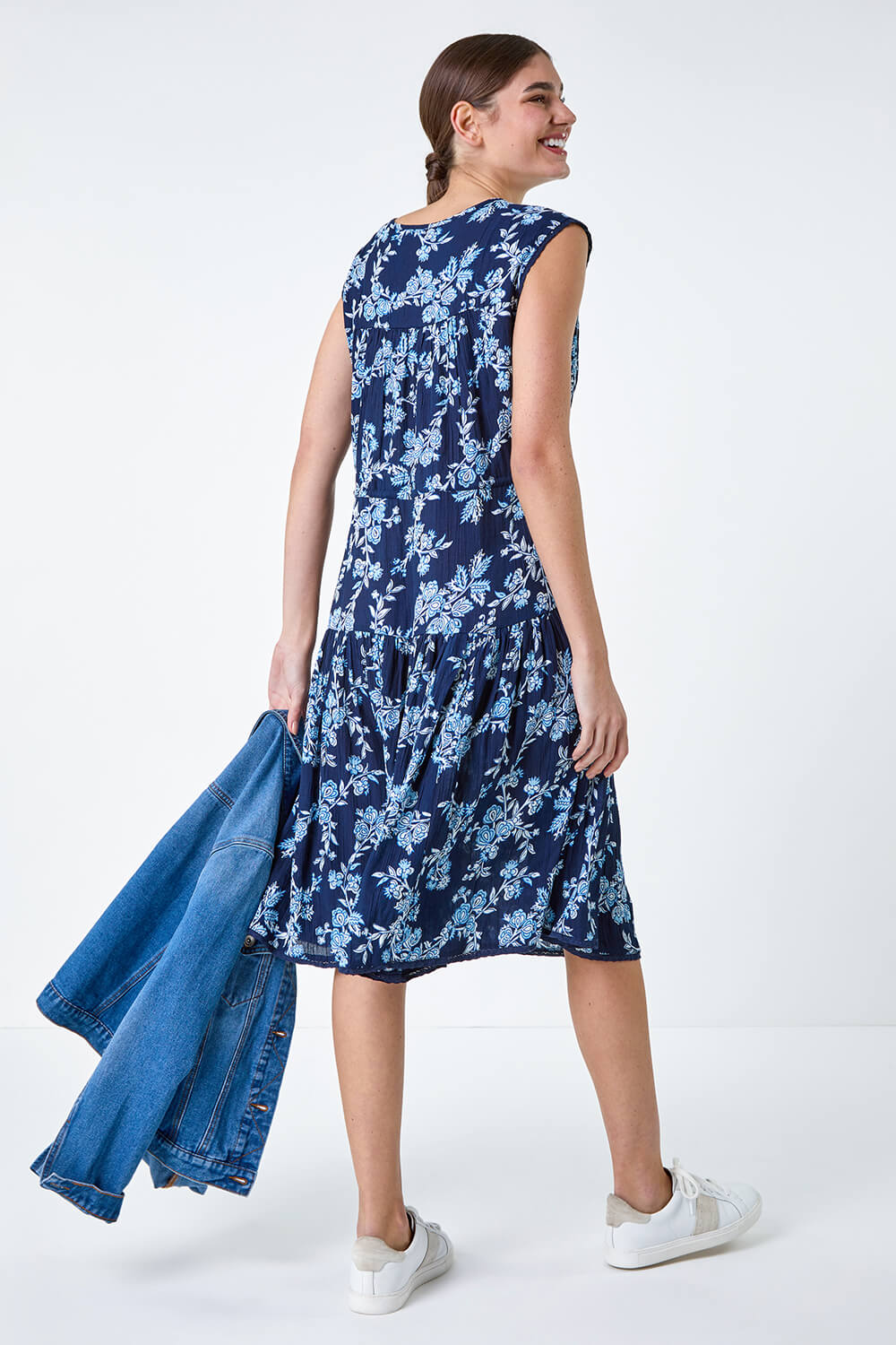 Navy  Floral Print Tiered Woven Dress, Image 3 of 5