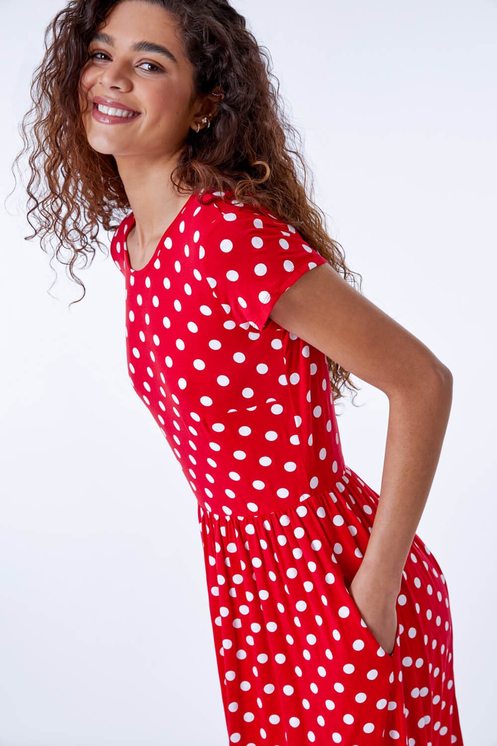 Red Stretch Jersey Spot Midi Dress, Image 3 of 5
