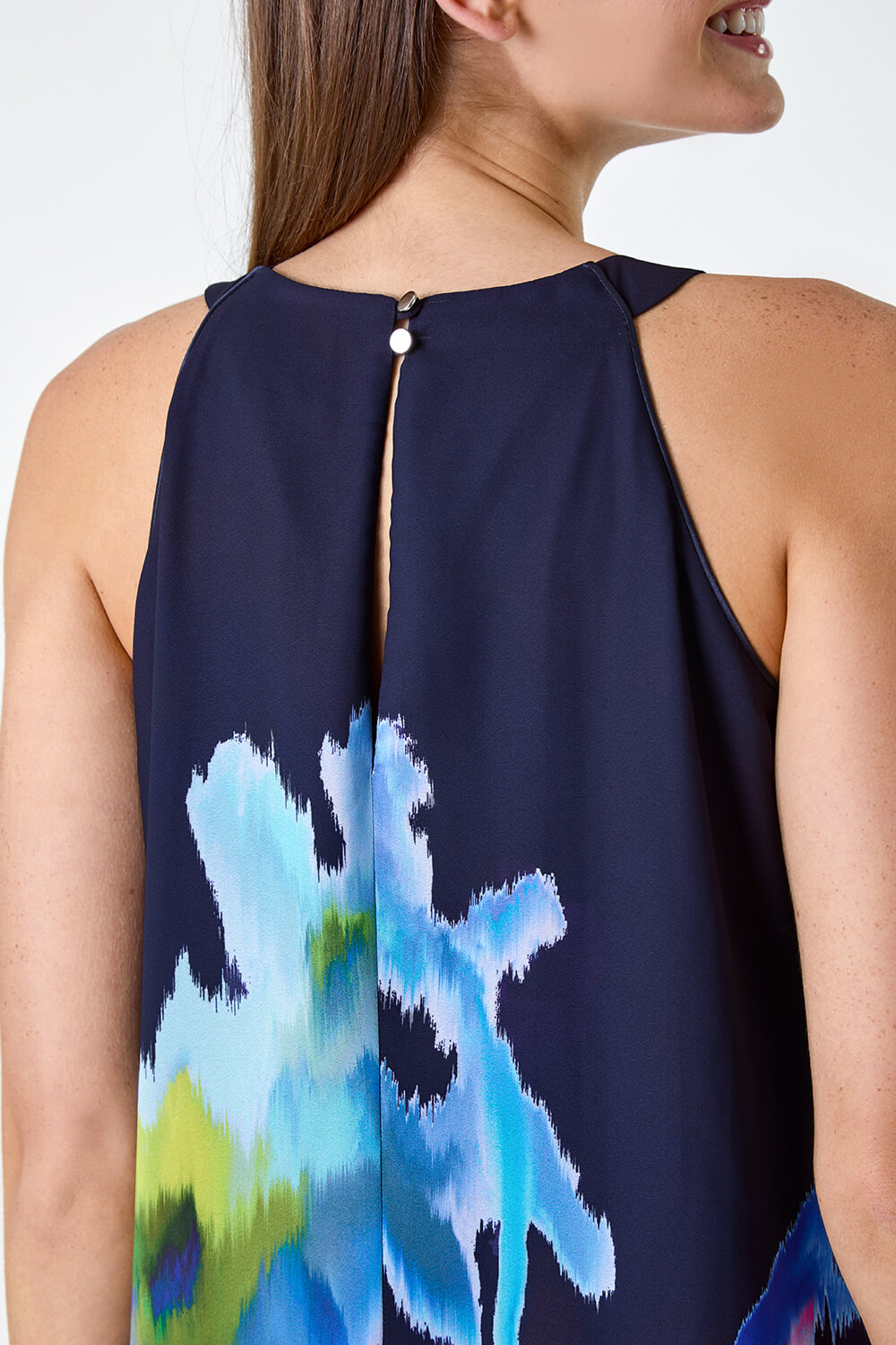Navy  Abstract Floral Pleat Detail Trapeze Dress, Image 5 of 5