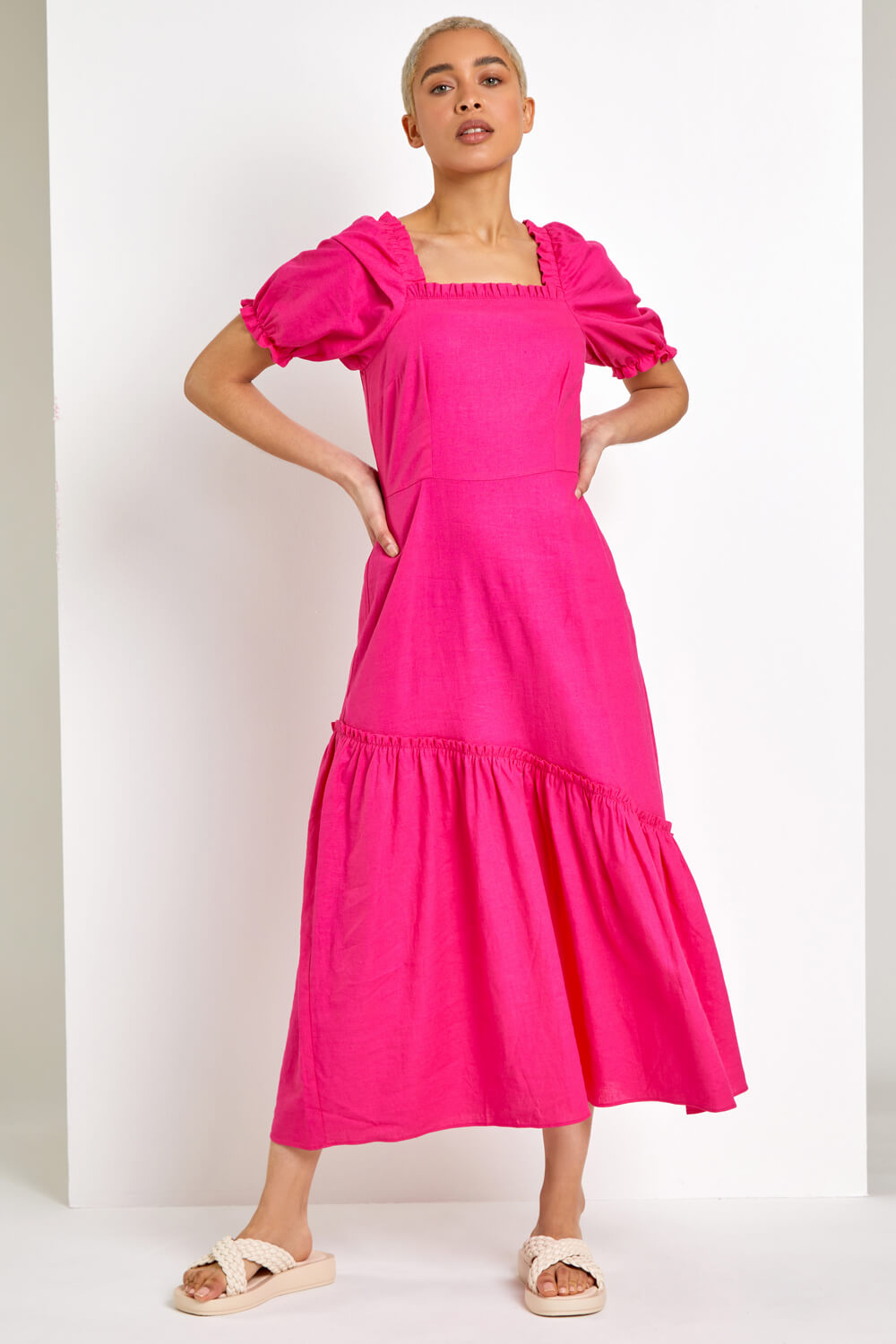 Pink Square Neck Asymmetric Tiered Midi Dress | Roman UK