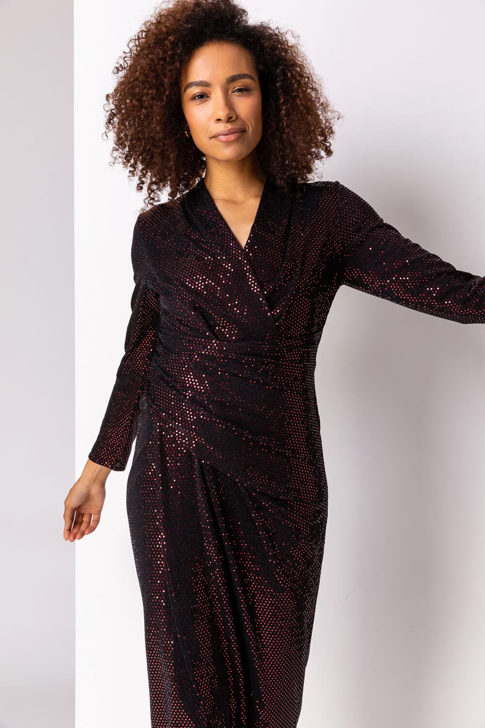 Red Sequin Embellished Ruched Wrap Dress, Image 3 of 4