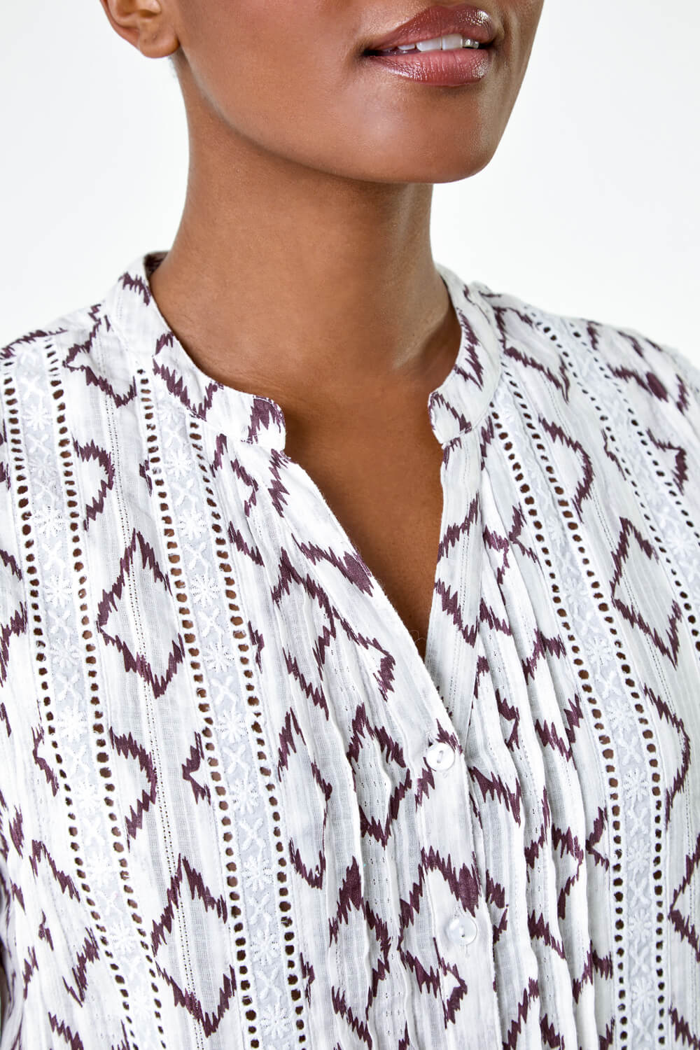 Ivory  Lace Trim Printed  V-Neck Cotton Blouse, Image 5 of 5