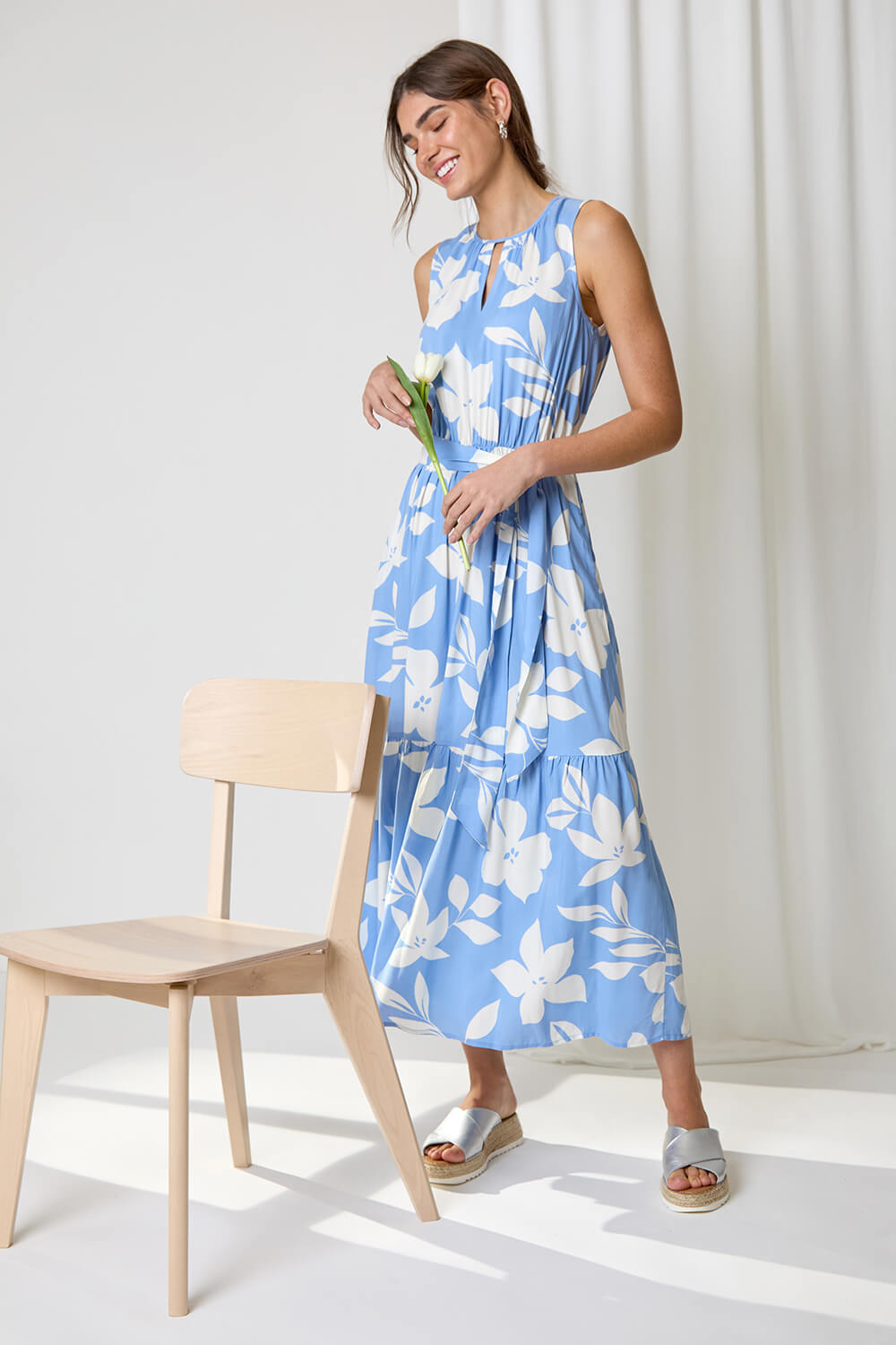 Light Blue  Sleeveless Floral Print Maxi Dress, Image 6 of 7