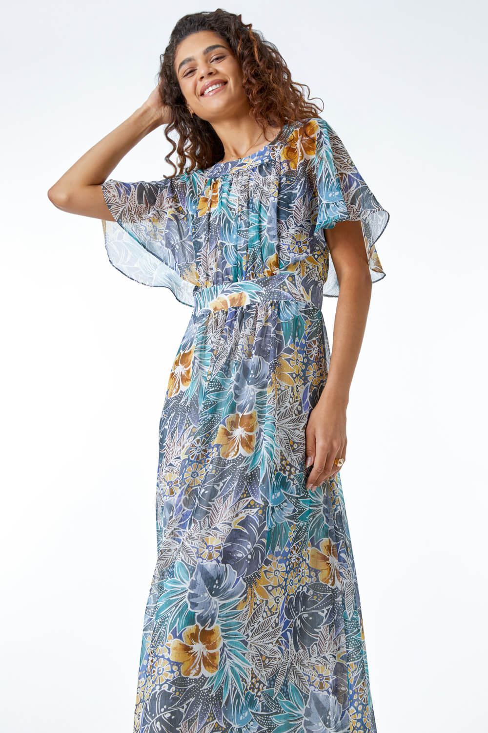 Grey Tropical Print Angel Sleeve Maxi Dress, Image 4 of 5