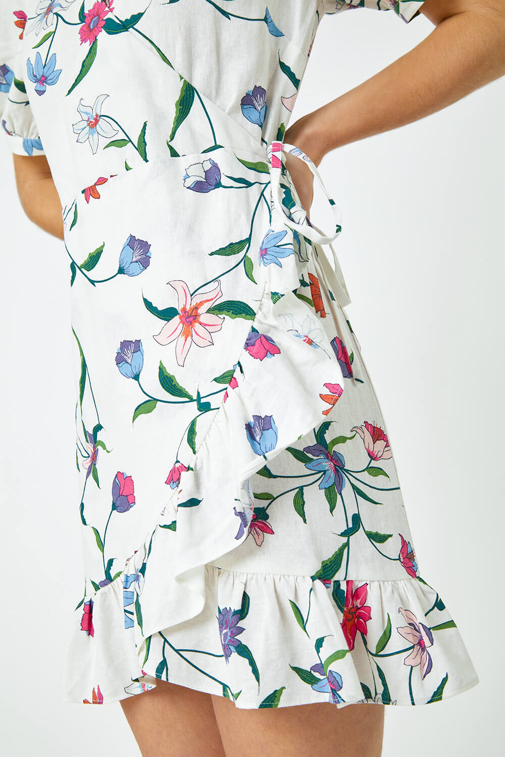 White Floral Print Frill Wrap Dress, Image 5 of 5