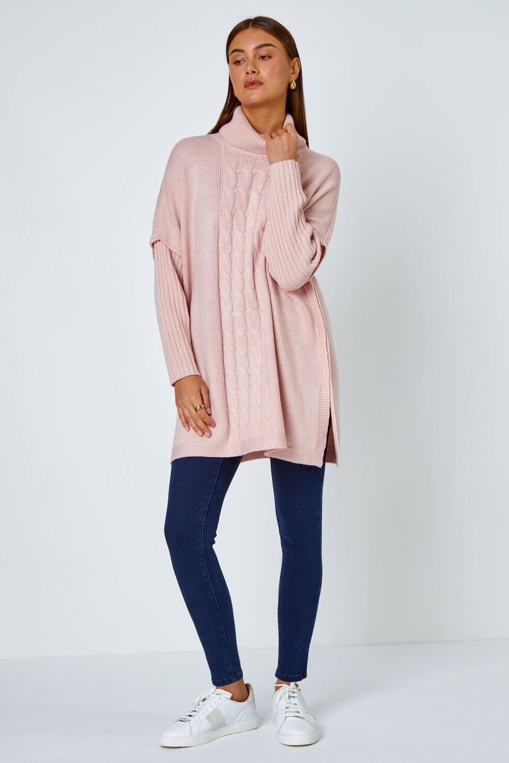 PINK Cable Knit Roll Neck Poncho Jumper, Image 2 of 5