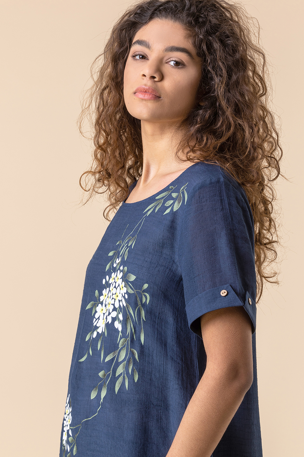 Navy  Floral Print Asymmetric Tunic Top, Image 4 of 4