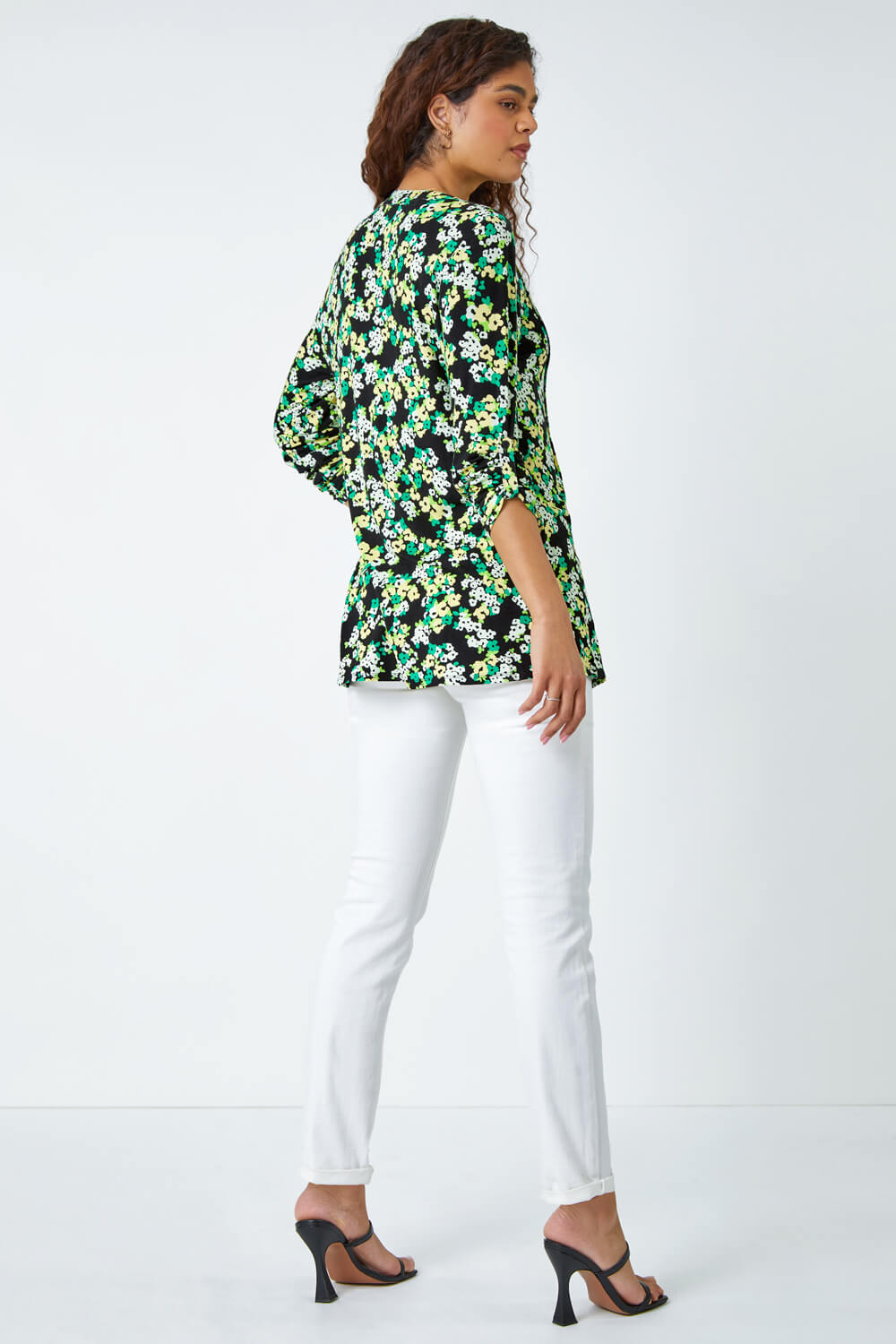Green Floral Print Pintuck Stretch Top, Image 3 of 6