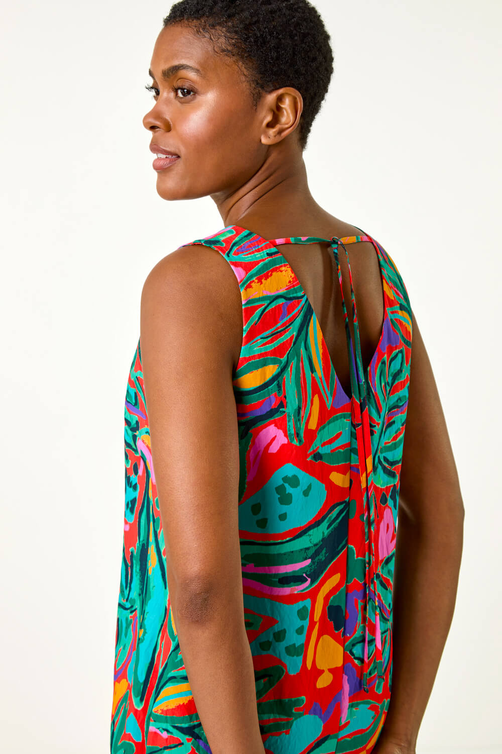 Red Tropical Border Tie Detail Shift Dress, Image 4 of 5