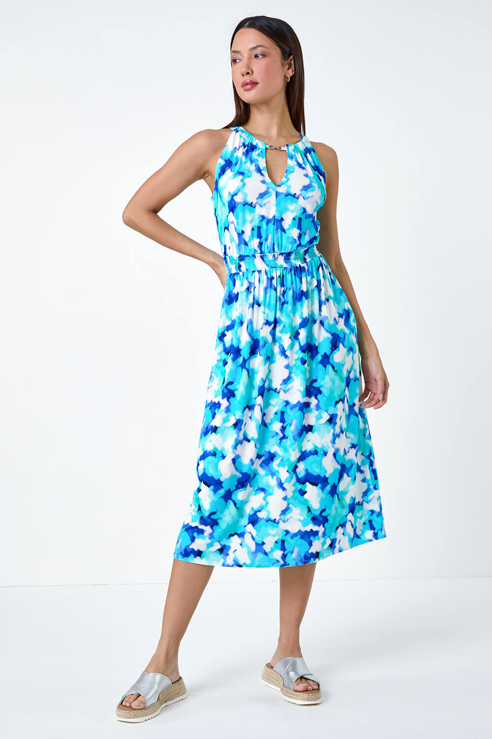 Blue Abstract Halter Neck Stretch Midi Dress, Image 4 of 5