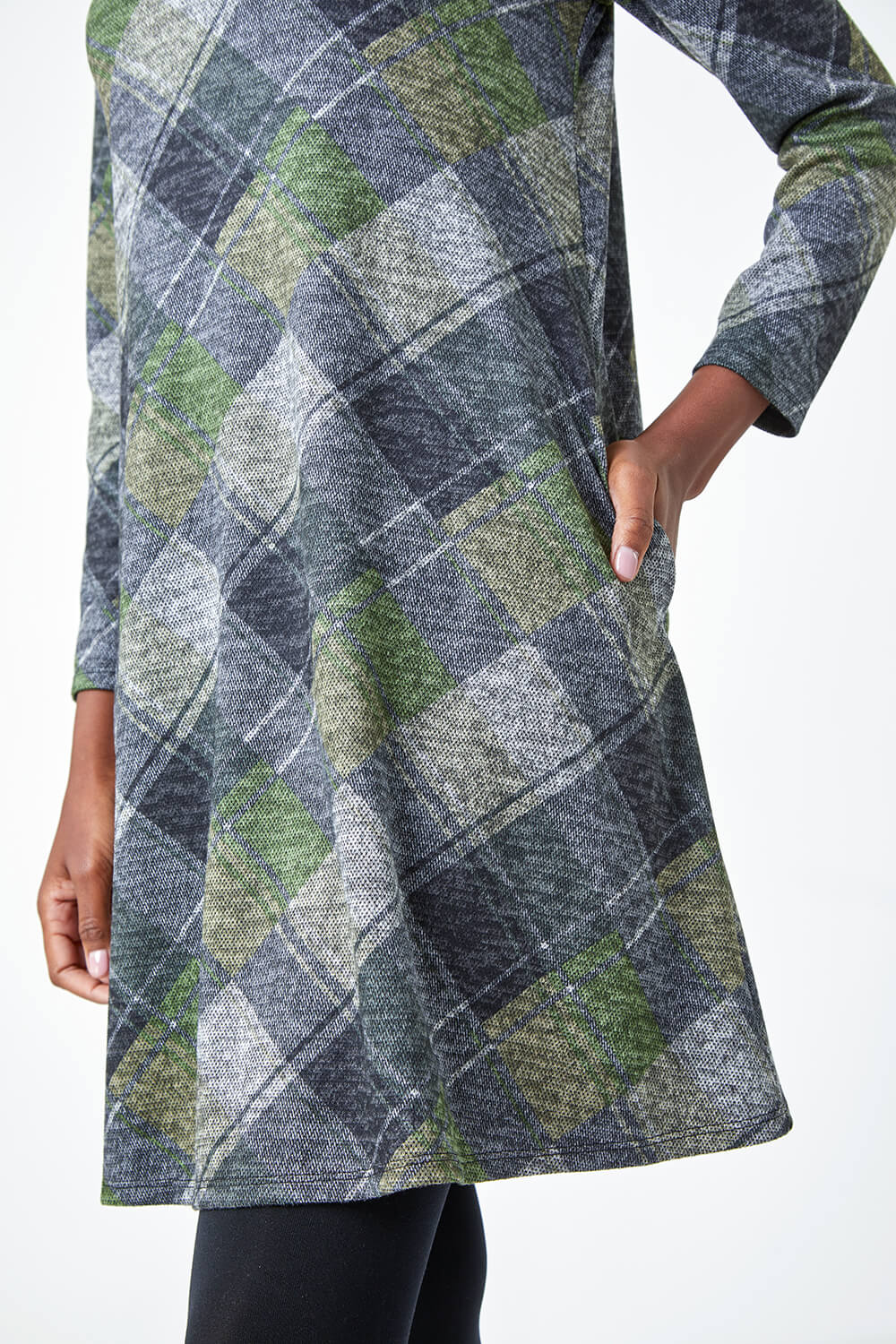 Green Check Print Swing Stretch Dress, Image 5 of 5